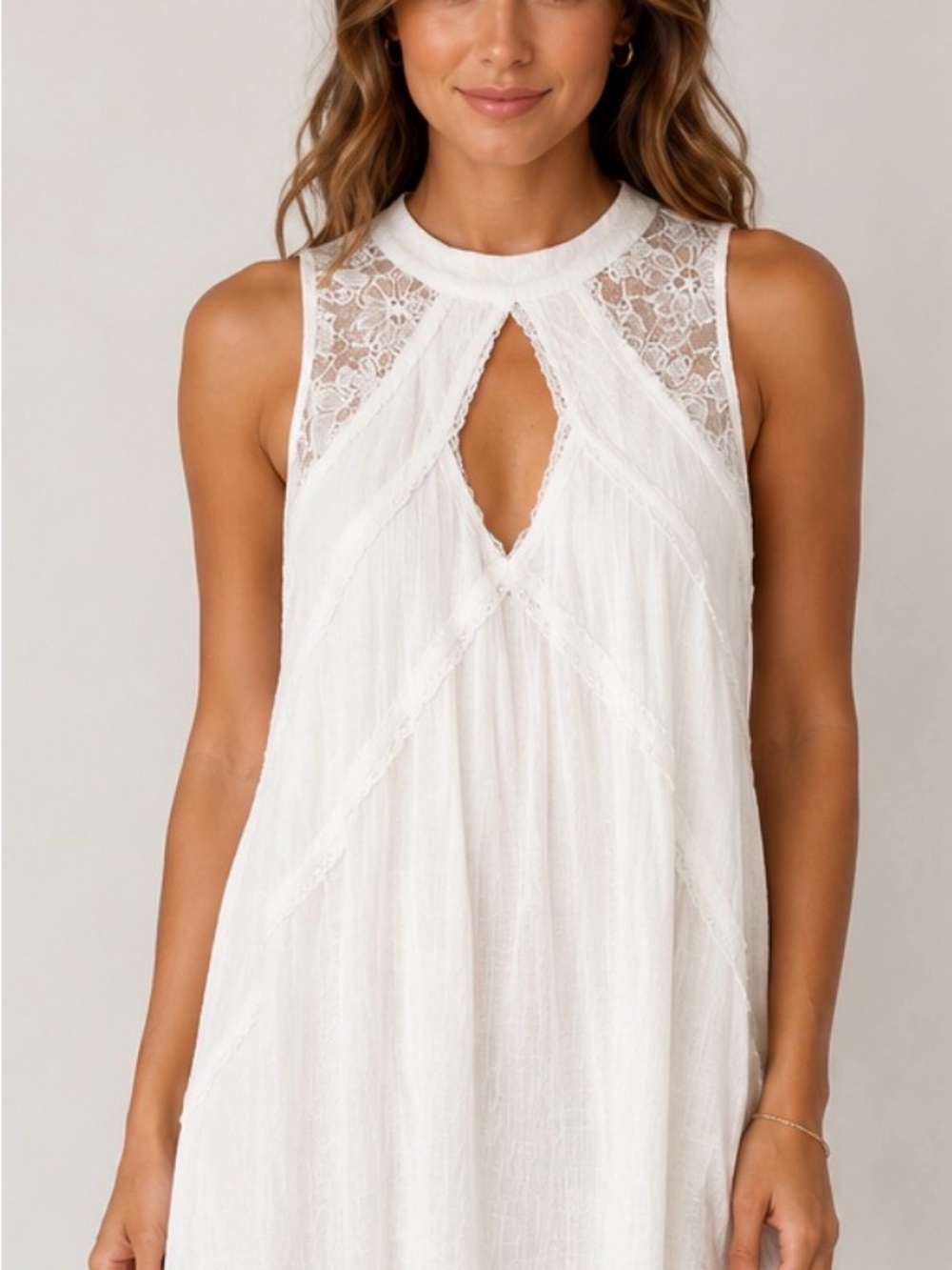 miami White Lace-Trim Sleeveless Midi Dress